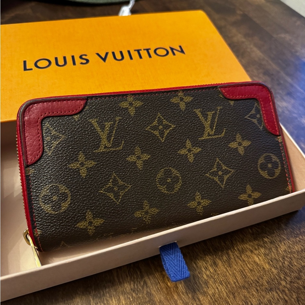 Louis Vuitton Brown Monogram Wallet with Red Trim